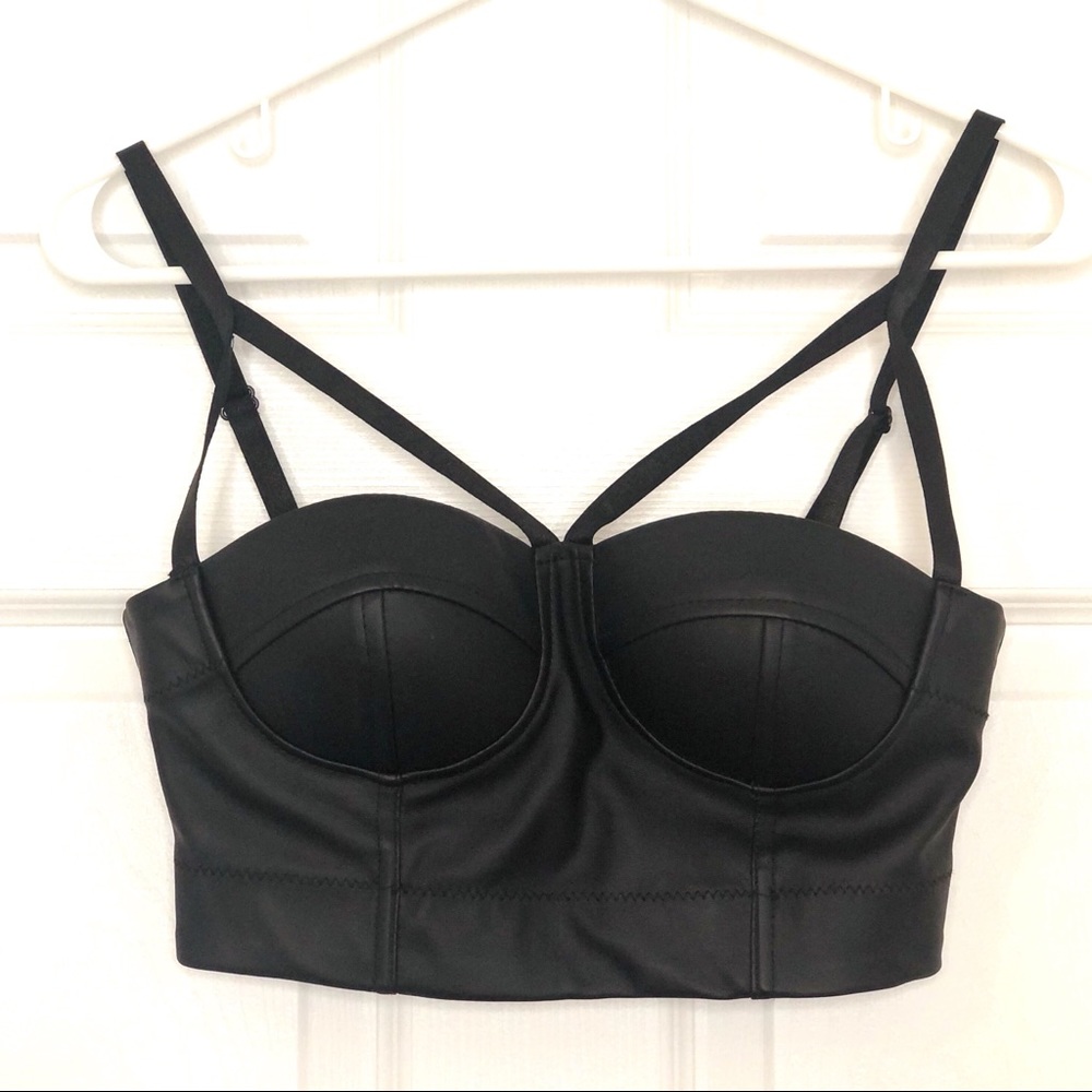 BLACK LEATHER BUSTIER BRA TOP